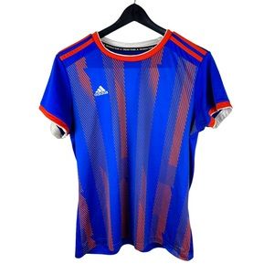 Women’s Y2K Adidas Blue Orange Striped Soccer Futbol Jersey Size XL